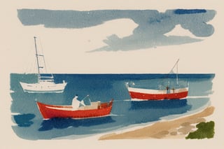 A detailed watercolor of some small fishing boats, protected from the crashing ocean waves by an old harbor wall, couples walk on the beach. FML, watercolor, landscapes, nature, outdoors, art, style