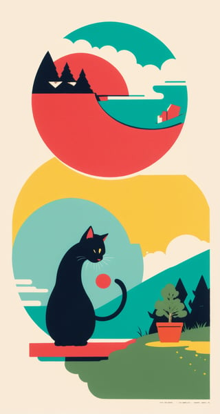A postcard sized minimalist surreal illustration of a marmalade cat, on a yellow background, with green bonsai tree-like teal clouds, and a pink circle of sun, above, ink print, vintage Japanese styled, bar and cafe flyer, masterpiece of an illustration, lovely print style. reminiscent of the style of Rene Gruau and Saul Bass, illustration, GBH, landscape, outdoors,illustration,landscape