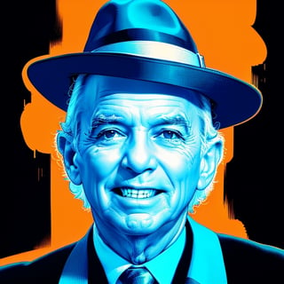Frank Sinatra singing with a hat on, full to medium upper body portrait in a XTCH crosshatched illustration. Partially shaded face, ultra detailed hatching in shadow areas, orange theme, monochrome, spot color, sharp line art, limited palette, teal background, intricately detailed layered crosshatched lines, partially colored, 8K, masterpiece, XTCH, crosshatching, illustration, portrait, ,XTCH