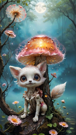 (((make a design of a  mushroom house with a cute two door VW BUG car:1.8))), Watercolor, trending on artstation, sharp focus, studio photo, intricate details, highly detailed, by greg rutkowskia single character, solo, 1 fox skeleton, night time, floating speckless of light, cuteness overload, funny, double exposure cinematic, microdetails neon glowing, fairy lights, focus on eyes, cute pixar, caricatured, hyperbolized hearts close up transparent ghost vivid chibi tiny baby fox skeleton imp portrait, with giant round expressive meerkat eyes tiny sakura flowers, glowing aura, light inside fully transparent body, moonshined, on a tree branch, by Andy Kehoe, sky, water drops, dynamic pose, tender, soft pastel colors, soft natural volumetric light, atmospheric, sharp focus, centered composition, professional photography, complex background, animalistic, beautiful, tiny detailed, 

A captivating watercolor illustration captures a magical moment, featuring two whimsical and adorable Maileg felt toy Baby fox  skeleton. Each skeleton is dressed in vibrant tactical clothing and gear, nestled on a small pillow with a cozy blanket. Set against a serene body of water, dandelion seeds on fire drift into the sky, creating a dreamlike atmosphere. The enchanting scene draws inspiration from the creative genius of Damien Hirst, Quentin Blake, and Alberto Vargas, seamlessly blending elements of dark fantasy, anime, painting, and illustration. The delicate neutral color palette, soft light, and minimal details evoke a sense of wonder and enchantment. With a high resolution of 15000K, this illustration is a mesmerizing blend of various artistic styles and techniques, offering a truly captivating and magical experience for the viewer.