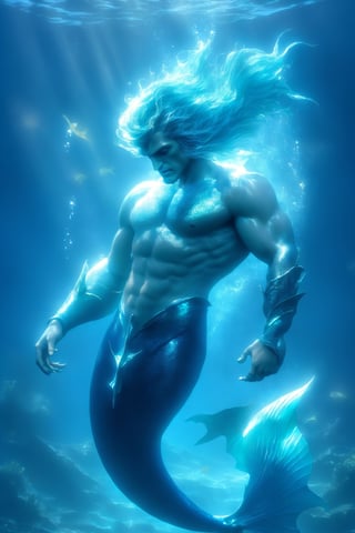 Merman: Humanoid beings with the upper body of a human and the lower body of a fish. They are often associated with the sea and are known for their enchanting singing voices., dark and creepy, eerie, horror, scarry, dont let me sleep ever, horrifying creature of the sea dramatic illumination, lightning, heavy rain, full moon, black clouds