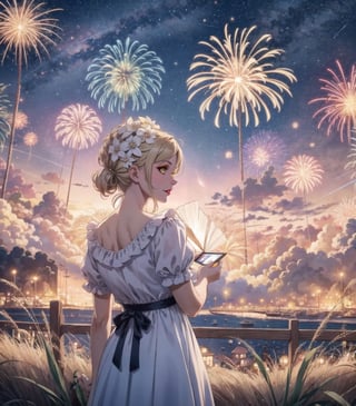 uma linda garota vendo os fogos de artificio no ano novo 