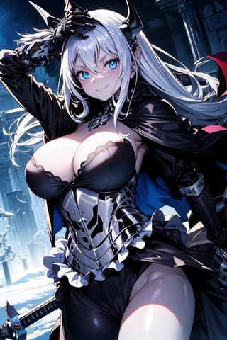 (masterpiece), (best quality), (detailed), {{illustration}}  {{{ knight girl, dark knight, dark armor, skull helmet, sinister, specter, archmage, skulls, torn cape, undead, white skin, long hair, blue eyes, villainous smile, bluish skin, spectral energy, cursed sword, ice magic, snowy wasteland, night, skeleton knight, skeleton horse, rider, night }}} {best quality}, {{hi res}}