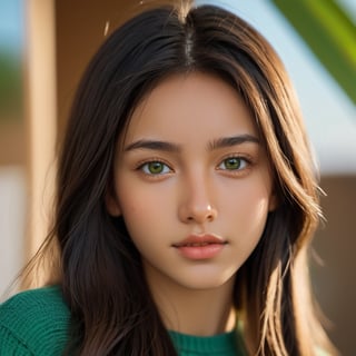 close up portrait of a cute skinny Polynesian girl age 18th in comfy clothing, long straight hair, green eyes strong color contrast and high detail