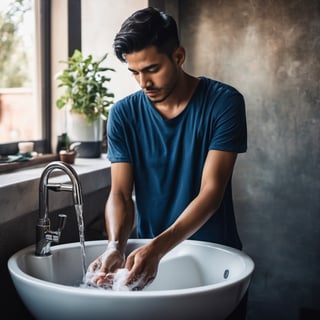 ((masterpiece, best quality)), absurdres, (Photorealistic 1.2), sharp focus, highly detailed, top quality, Ultra-High Resolution, HDR, 8K, epiC35mm, film grain, moody photography, (color saturation:-0.4), lifestyle photography,

Young Latin man washing his hands, ,Emily Willis