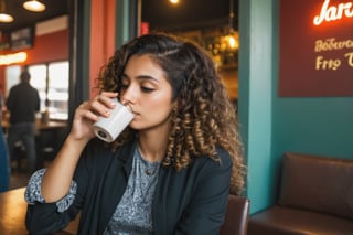 ((masterpiece, best quality)), absurdres, (Photorealistic 1.2), sharp focus, highly detailed, top quality, Ultra-High Resolution, HDR, 8K, epiC35mm, film grain, moody photography, (color saturation:-0.4), lifestyle photography,

(((short))) (((Beautiful))) Mexican woman drinking, curly hair, coffeeshop,photorealistic,Iaaras2