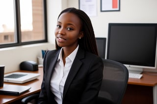Beautiful cute Kenyan college girl sitting in an office, wearing a business suit, perfect body, beautiful hair 