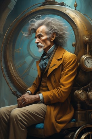 digital art, 8k, an otherworldly eccentric time traveller sitting on his time machine, old and wizened, side view, insanelly detailled, beautiful look, detailed hair, ultra focus, face illumined, face detailed, by Razumov and Volegov, hyperrealism painting concept art, detailed character design, matte painting, sharp focus, 

aesthetic portrait, detailmaster2, in the style of esao andrews