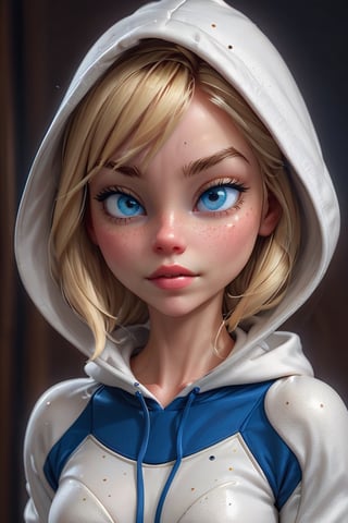 ((masterpiece, best quality)), absurdres, (Photorealistic 1.2), sharp focus, highly detailed, top quality, Ultra-High Resolution, HDR, 8K, upper body shot,epiC35mm, film grain, 

photo of cute college girl, 18 year old blonde, Gwen Stacy (Emma stone:1.2) from Spider-Man,

(((wearing white hoodie spider suit))),

 (freckles:1.4), slim body, normal hips, pale skin, short ponytail  blond hair, photo of perfect eyes, blue eyes,