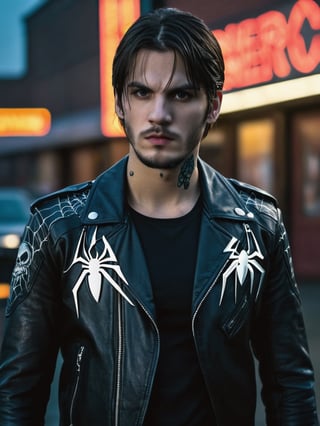 ((masterpiece, best quality)), absurdres, (Photorealistic 1.2), sharp focus, highly detailed, top quality, Ultra-High Resolution, HDR, 8K, upper body shot,epiC35mm, film grain, 

photo of handsome young American man, 18 years old, (((Eddie Brock (Ed Hardy:1.2) from "Spiderman"))),
(((reimagined as a biker again))), (John Wick movie style) (((gothic-punk style))) (standing in a dark biker gang bar at night holding a gun), 

(((wearing  black leather jacket))),

(freckles:0.0), muscular athletic body, (((multiple spider web tattoos on the neck))), pale skin, short hair, detailed eyes, serious face, handsome face,