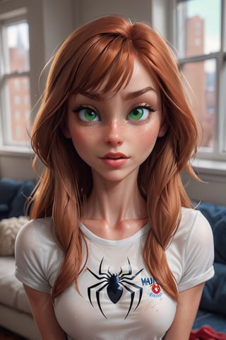photo of pretty woman, 21 year old Caucasian woman, Mary Jane from Spider-Man, (standing in a living room in an apartment in a building in New York), epiC35mm, film grain, (freckles:0.8), upper body shot, (plain background:1.6), average body, wide hips, pale skin, (((white t-shirt with Spider-Man logo))), ((())), long ginger hair with bangs,    (((mole on the cheek))),  photo of perfect eyes, detailed green eyes, 