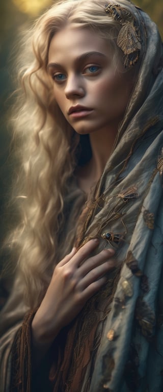(((dramatic photography))), (award-winning mastepiece), incredible detail, deep textures, ((medieval world)), portrait, woman, blonde, delicately decorated cloak, close to nature, one with nature, melancholy, dramatic light, translucent insect wings, ultra-Realistic, intricate details, dark Fantasy, 

photo r3al, more detail XL, Wonder of Beauty