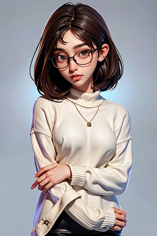 a 20 yo woman name Elianna Chandra, white oversized sweater, glasses, brunette, Indonesian, cute face, asian, tanned skin, medium short hair, thick glasses frame, square jaw, narrow face, thin lips, natural lip, bright brown eyes,ded1,arshadArt,SAM YANG