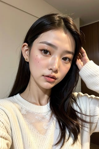 a 20 yo woman name Elianna Chandra, white sweater, brunette, Indonesian, cute face, asian, tanned skin, medium length hair, square jaw, narrow face, thin lips, natural lip, bright brown eyes