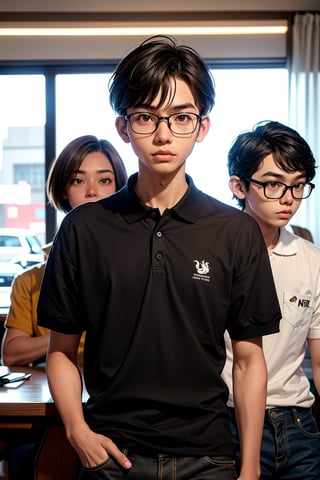 a 20 yo, 2boy, twin brother, polo shirt, glasses, brunette, Indonesian, cute face, asian, tanned skin, medium short hair, thick glasses frame, square jaw, narrow face, thin lips, natural lip, bright brown eyes,ded1