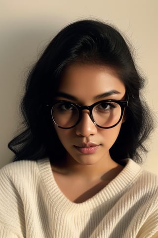 a 20 yo woman name Elianna Chandra, white sweater, glasses, brunette, bright theme, soothing tones, muted colors, high contrast, (natural skin texture, soft light, sharp)