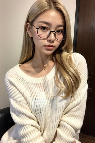 a 20 yo woman name Elianna Chandra, white sweater, black round glasses, blonde, Indonesian, cute face, asian, tanned skin, medium length hair, square jaw, narrow face, thin lips, natural lip, bright brown eyes.