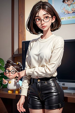 a 20 yo woman name Elianna Chandra, white oversized sweater, short pants, glasses, brunette, Indonesian, cute face, asian, tanned skin, medium short hair, thick glasses frame, square jaw, narrow face, thin lips, natural lip, bright brown eyes,ded1