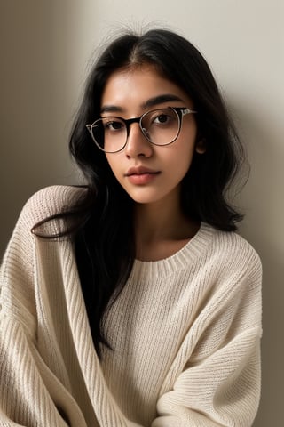 a 20 yo woman name Elianna Chandra, white oversize sweater, glasses, brunette, dark theme, soothing tones, muted colors, high contrast, (natural skin texture, soft light, sharp)