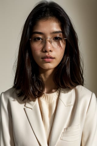 a 20 yo woman name Elianna Chandra, white blazer (module) , glasses, brunette, dark theme, soothing tones, muted colors, high contrast, (natural skin texture, soft light, sharp),Detailedface,Detailedeyes,