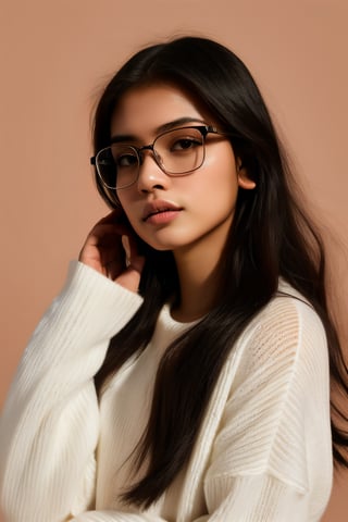 a 20 yo woman name Elianna Chandra, white sweater, glasses, brunette, dark theme, soothing tones, muted colors, high contrast, (natural skin texture, soft light, sharp), close-up Detailedface,meily_miaa