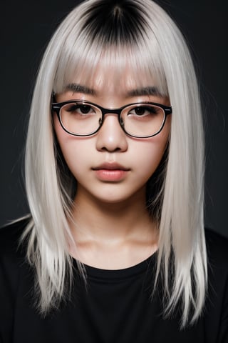 a 20 yo woman, black shirt, glasses, silver white hair, dark theme, soothing tones, high contrast, Indonesian, cute face, asian, pale white skin, medium length hair, thick glasses frame, narrow chin, thin lips, natural lip, bright brown eyes