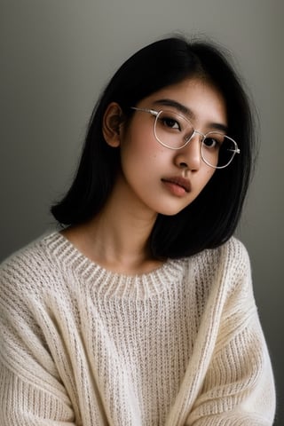 a 20 yo woman name Elianna Chandra, white oversize sweater, glasses, silver white hair, dark theme, soothing tones, muted colors, high contrast, (natural skin texture, soft light, sharp),Detailedface,meily_miaa,b3rli,zzenny_n