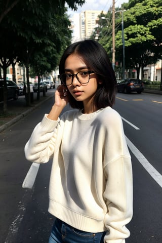 a 20 yo woman name Elianna Chandra, white oversized sweater, glasses, brunette, Indonesian, cute face, asian, tanned skin, medium short hair, thick glasses frame, square jaw, narrow face, thin lips, natural lip, bright brown eyes,ded1,arshadArt,SAM YANG,asian girl,meily_miaa