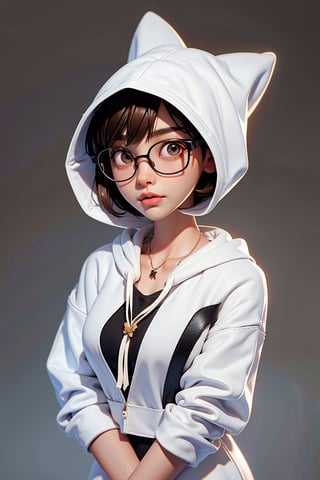 a 20 yo woman, white hoodie, glasses, brunette, Indonesian, cute face, asian, tanned skin, medium short hair, thick glasses frame, square jaw, narrow face, thin lips, natural lip, bright brown eyes