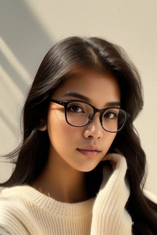 a 20 yo woman name Elianna Chandra, white sweater, glasses, brunette, bright theme, soothing tones, muted colors, high contrast, (natural skin texture, soft light, sharp)