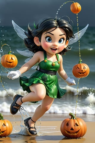 Masterpiece, Short plane, digital art,  portrait a fairy with wings on the beachs, suspended in the air, pulling a network, to fish jumping trouts, which jump from water, splash, waves, sea, Pumpkins (best quality, ultra detailed: 1.37), masterpiece, high quality, high definition, super detailed, Natural Light, digital art, High contrast, defined blacks, silk, cartoon Mario Bros style.,more detail XL