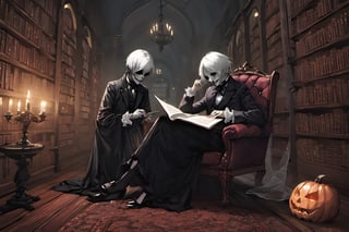 (masterpiece a Ghoul studying a crystall ball: 1.9)), necrophagous outfit: 1.2), (bandages: 1.5)), (best quality, ultra detailed, digital art: 1.37), [[Halloween Atmosphere: 1.9)), (Victorian Library background:1.5)]] masterpiece, high quality, cartoon,  high definition, super detailed, (Natural Light,, High contrast, defined blacks, silk, HDR