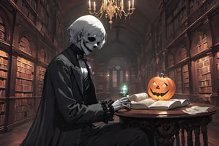 (masterpiece a Ghoul studying a crystall ball: 1.9)), necrophagous outfit: 1.2), (bandages: 1.5)), (best quality, ultra detailed, digital art: 1.37), [[Halloween Atmosphere: 1.9)), (Victorian Library background:1.5)]] masterpiece, high quality, cartoon,  high definition, super detailed, (Natural Light,, High contrast, defined blacks, silk, HDR