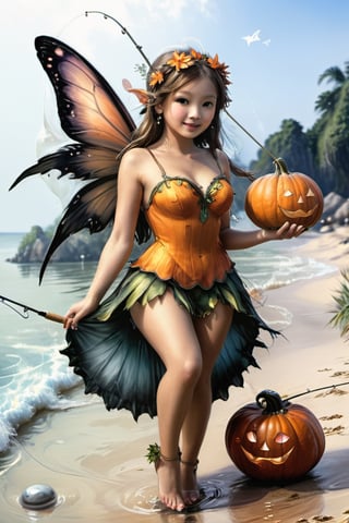 (masterpiece Fairies are fishing: 1.9)), Beautiful female Fairy with wings outfit: 1.2), (fishing pumpkin: 1.5)), (best quality, ultra detailed, digital art: 1.37), [[Beach environment: 1.9)), (Tropical Atmosphere:1.5)]] masterpiece, high quality,  high definition, super detailed, (Natural Light,, High contrast, defined blacks, silk, HDR,pencil sketch