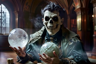 (masterpiece a Ghoul studying a crystall ball: 1.9)), necrophagous outfit: 1.2), (bandages: 1.5)), (best quality, ultra detailed, digital art: 1.37), [[Halloween Atmosphere: 1.9)), (Victorian Library background:1.5)]] masterpiece, high quality, cartoon,  high definition, super detailed, (Natural Light,, High contrast, defined blacks, silk, HDR