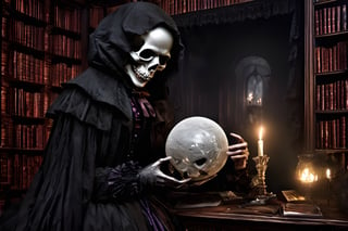 (masterpiece a Ghoul studying a crystall ball: 1.9)), necrophagous outfit: 1.2), (bandages: 1.5)), (best quality, ultra detailed, digital art: 1.37), [[Halloween Atmosphere: 1.9)), (Victorian Library background:1.5)]] masterpiece, high quality, cartoon,  high definition, super detailed, (Natural Light,, High contrast, defined blacks, silk, HDR