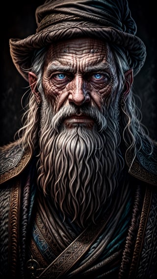 A portrait of a wizard, bearded, wrinkled, weathered, with piercing eyes, detailed face, high details, photography, dark studio, rim light, Nikon D850, 50mm, f/1.4, masterpiece, high quality, high definition, 8K, super detailed