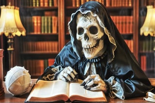 (masterpiece a Ghoul studying a crystall ball: 1.9)), necrophagous outfit: 1.2), (bandages: 1.5)), (best quality, ultra detailed, digital art: 1.37), [[Halloween Atmosphere: 1.9)), (Victorian Library background:1.5)]] masterpiece, high quality, cartoon,  high definition, super detailed, (Natural Light,, High contrast, defined blacks, silk, HDR