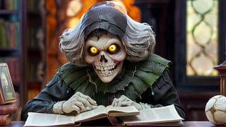 (masterpiece a Ghoul studying a crystall ball: 1.9)), necrophagous outfit: 1.2), (bandages: 1.5)), (best quality, ultra detailed, digital art: 1.37), [[Halloween Atmosphere: 1.9)), (Victorian Library background:1.5)]] masterpiece, high quality, cartoon,  high definition, super detailed, (Natural Light,, High contrast, defined blacks, silk, HDR.,monster