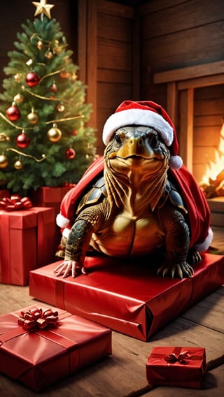 ((masterpiece: 1.2),(best quality, ultra detailed, photorealistic: 1.37) high quality, high definition, super detailed, unreal engine, Ultra realistic illustration, cinematic lighting, hyper-realistic photography captured with the best camera, HDR, silk, volume, a land tortoise is seen emerging from a gift package left by Santa Claus under a Christmas tree in a cabin. Pay special attention to the details of the torture.