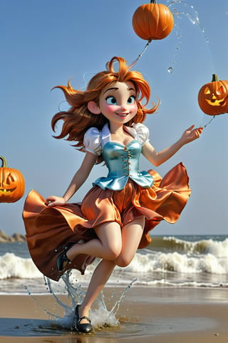 Masterpiece, Short plane, digital art,  portrait a fairy with wings on the beachs, suspended in the air, pulling a network, to fish jumping trouts, which jump from water, splash, waves, sea, Pumpkins (best quality, ultra detailed: 1.37), masterpiece, high quality, high definition, super detailed, Natural Light, digital art, High contrast, defined blacks, silk, cartoon Roger Rabbit style.,more detail XL
