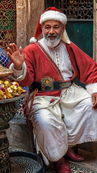 perfect hands with five fingers, (masterpiece: 1.2),(best quality, ultra detailed, photorealistic: 1.37) high quality, high definition, super detailed, unreal engine, Ultra realistic illustration, cinematic lighting, hyper-realistic photography captured with a CANON 5D MARK IV, HDR, silk, volume, Santa Claus, dressed in traditional western attire, stands in the bustling Fez Medina. He is surrounded by vibrant colors and intricate patterns as he navigates through the labyrinthine streets. At a street stall, Santa Claus engages in the local culture. The scene exudes a joyful atmosphere, with the warm golden light of the setting sun casting a magical glow on the ancient architecture. The artwork resembles a digital illustration, reflecting the smooth brushstrokes and highly detailed textures. The composition of the image is balanced, with Santa Claus positioned at the center, surrounded by the vibrant and lively market. The art is reminiscent of the style of Greg Rutkowski, capturing the beauty and charm of Fez Medina with his signature attention to detail and rich colors.