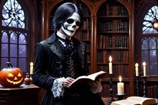 (masterpiece a Ghoul studying a crystall ball: 1.9)), necrophagous outfit: 1.2), (bandages: 1.5)), (best quality, ultra detailed, digital art: 1.37), [[Halloween Atmosphere: 1.9)), (Victorian Library background:1.5)]] masterpiece, high quality, cartoon,  high definition, super detailed, (Natural Light,, High contrast, defined blacks, silk, HDR