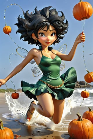 Masterpiece, Short plane, digital art,  portrait a fairy with wings on the beachs, suspended in the air, pulling a network, to fish jumping trouts, which jump from water, splash, waves, sea, Pumpkins (best quality, ultra detailed: 1.37), masterpiece, high quality, high definition, super detailed, Natural Light, digital art, High contrast, defined blacks, silk, cartoon Cowboy Bebop style.,more detail XL