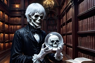 (masterpiece a Ghoul studying a crystall ball: 1.9)), necrophagous outfit: 1.2), (bandages: 1.5)), (best quality, ultra detailed, digital art: 1.37), [[Halloween Atmosphere: 1.9)), (Victorian Library background:1.5)]] masterpiece, high quality, cartoon,  high definition, super detailed, (Natural Light,, High contrast, defined blacks, silk, HDR