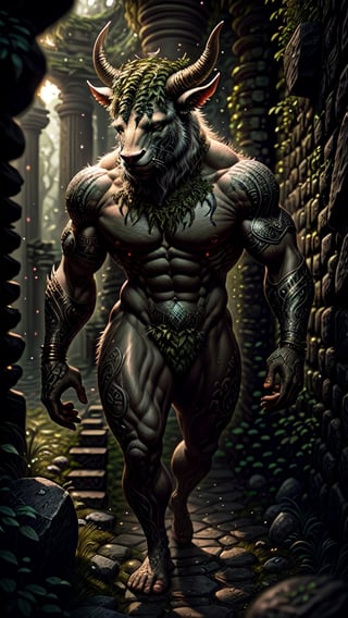 art, ((Minotaur walk in stone maze)), Greek mythology, monster, horror, creepy, muscle, nude, (stone walls covered with moss), madness, animal grin, (body covered with fur), trending on ArtStation, trending on CGSociety, Intricate, High Detail, Sharp focus, dramatic, photorealistic painting art by midjourney and greg rutkowski, bokeh on background (skin texture), intricately detailed, fine details, hyperdetailed, raytracing, subsurface scattering, diffused soft lighting, shallow depth of field, by (Oliver Wetter), masterpiece, high quality, high definition, 8K, super detailed