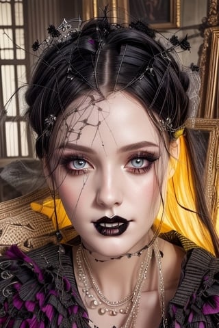 ((masterpiece, best quality)), merlina, black long dress, 2 braids, emotionless face, pale skin,gothic makeup,face close to camera,detailed face, perfect eyes, detailed hands, mix of fantastic and realistic elements,uhd image,crystal clear translucency,vibrant artwork