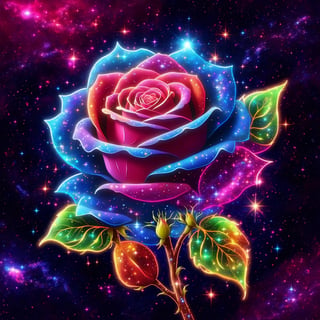  Graffiti style, Neon rich colors, a galaxy rose with a galaxy on each rose transluent petal, shining starlight, spacey nebula  background, Dark background,Extreme Detail,UHD,8K,water droplets on rose petal,Flora,glitter