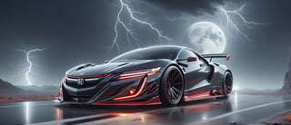 Ultra wide photorealistic image. Image created for the calendar. A luxury sports car, Honda NSX chrometech, red and black mecha, futuristic Race car with wide body kit and raceing strip race livery, Street racing other cars like it, White Pearlesent paint with sparkeling metal flakes, car racing down moutain roads at night in the rain, Lightning stars large Moon with a red tint, Surrealism, Realism, Hyperrealism, sparkle, cinematic lighting, reflection light, ray tracing, speed lines, motion lines, first-person view, Ultra-Wide Angle, Sony FE, depth of field, masterpiece, ccurate, textured skin, super detail, high details, best quality, award winning, highres, 4K, 8k, 16k,H effect