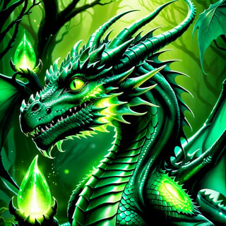 Craft an enchanting fantasy scene featuring a beautiful dark green-light green biometric dragon with glowing,  shiny biometrical features. Imagine captivating yelloweyes and impressive glass horns. Place this majestic creature in a fantasy-style background that complements its ethereal beauty,  aiming for a visually striking image with intricate details and a magical atmosphere., cute little dragon
,cute dragon,GUILD WARS